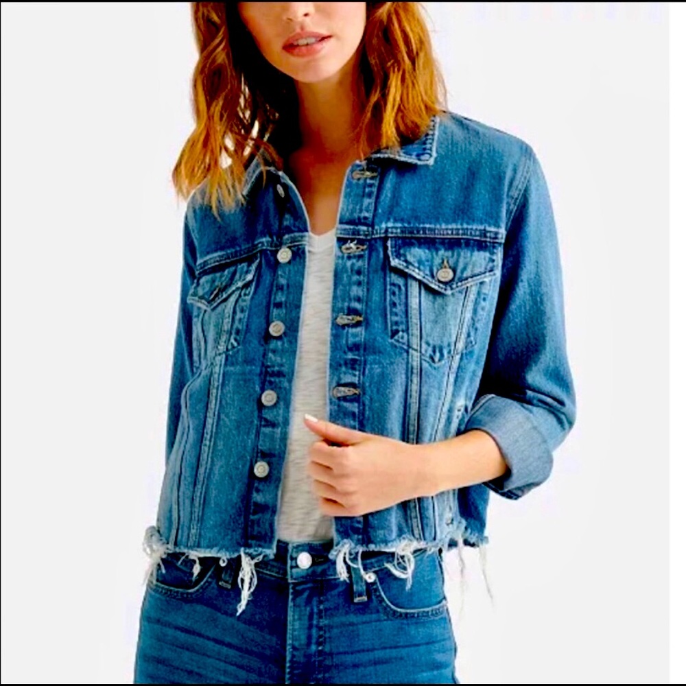 Lucky Brand denim jacket with frayed hem. Large